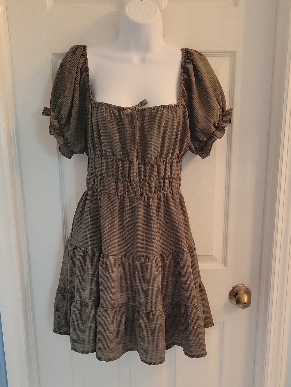 Liberty Love Olive Green Smocked Puff-Sleeve Tiered Mini Dress